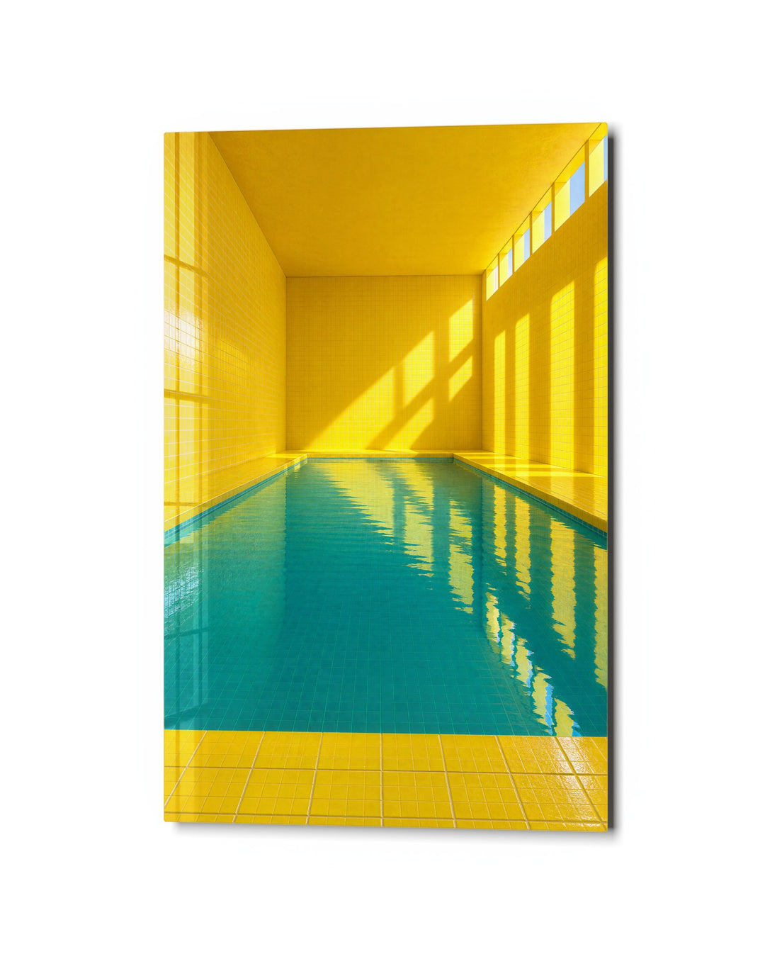 Turquoise Lap Lane Indoors glass wall art, studio view