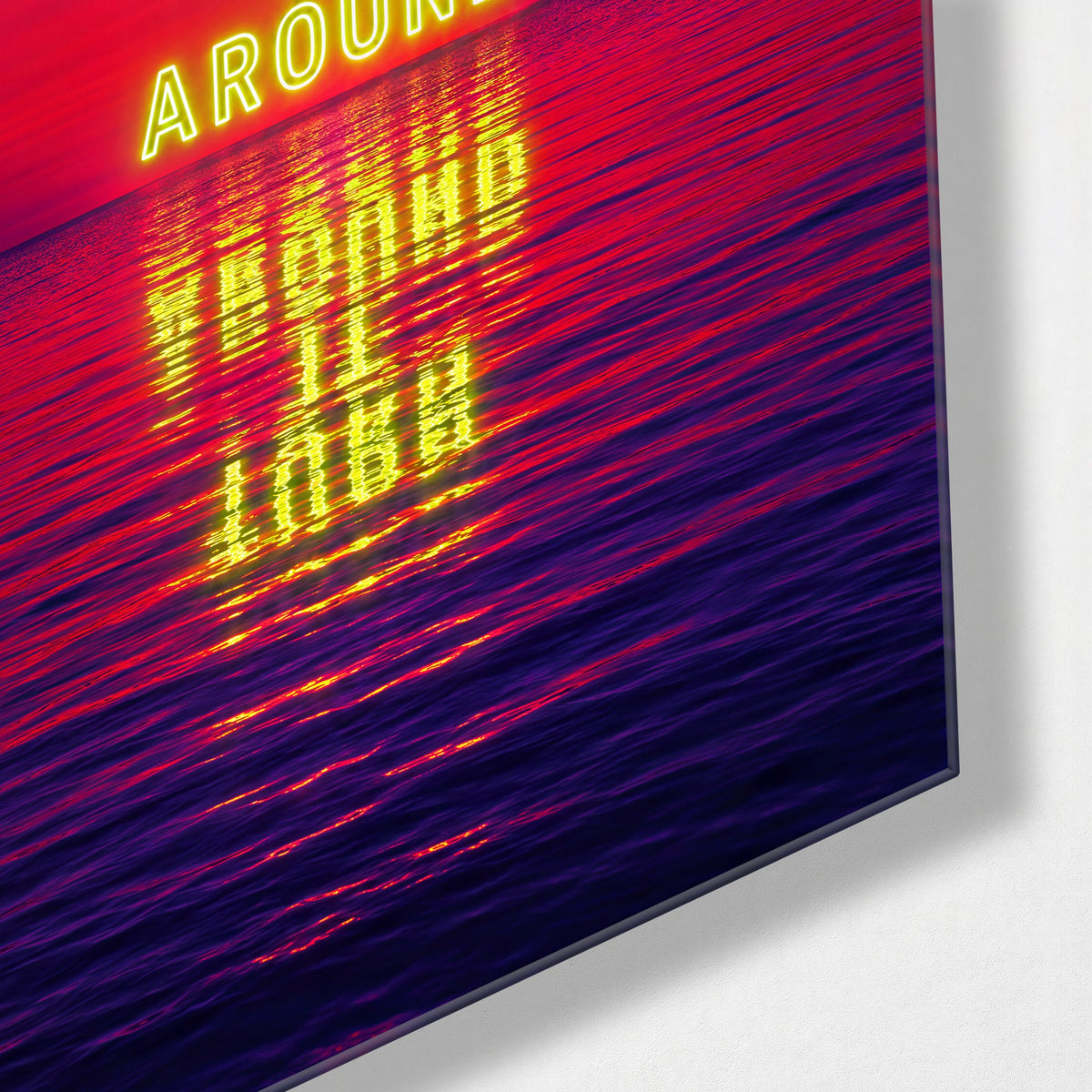 Words on Pink Water glass wall art, corner view