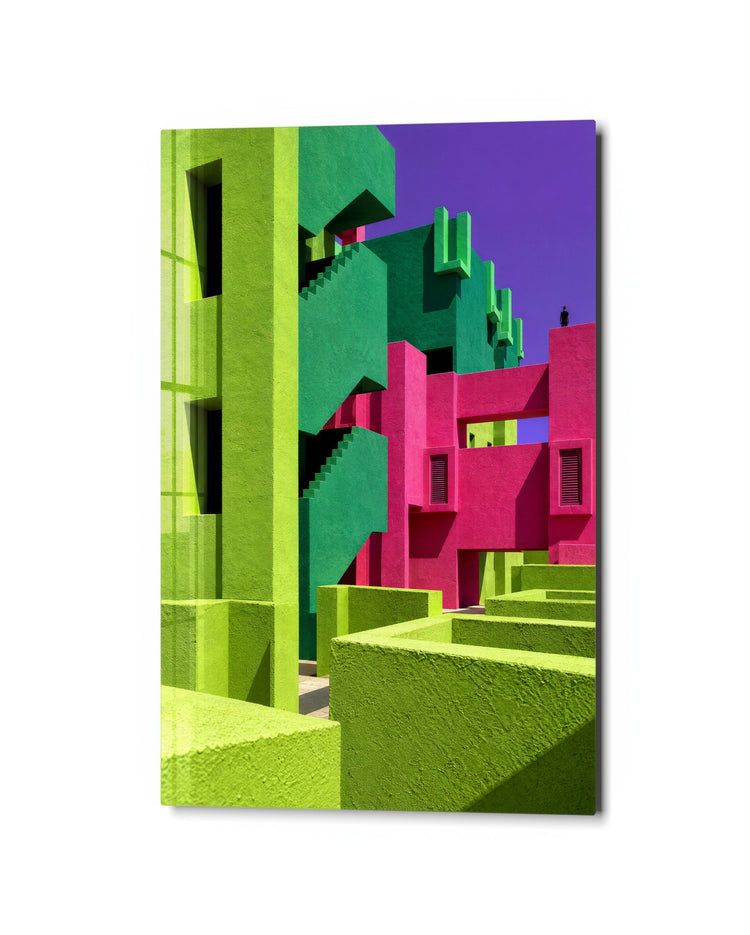 Town of Mixed Blocks glass wall art, studio view