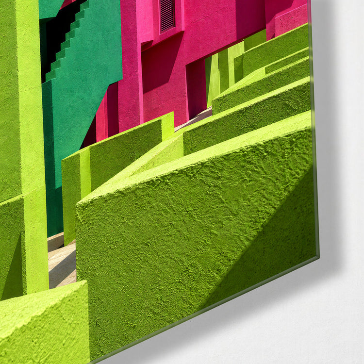 Town of Mixed Blocks glass wall art, corner view