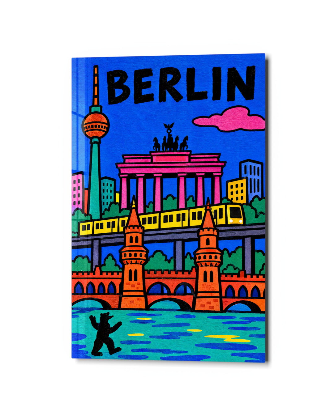 Capital Skyline, Dark Outlines glass wall art, studio view
