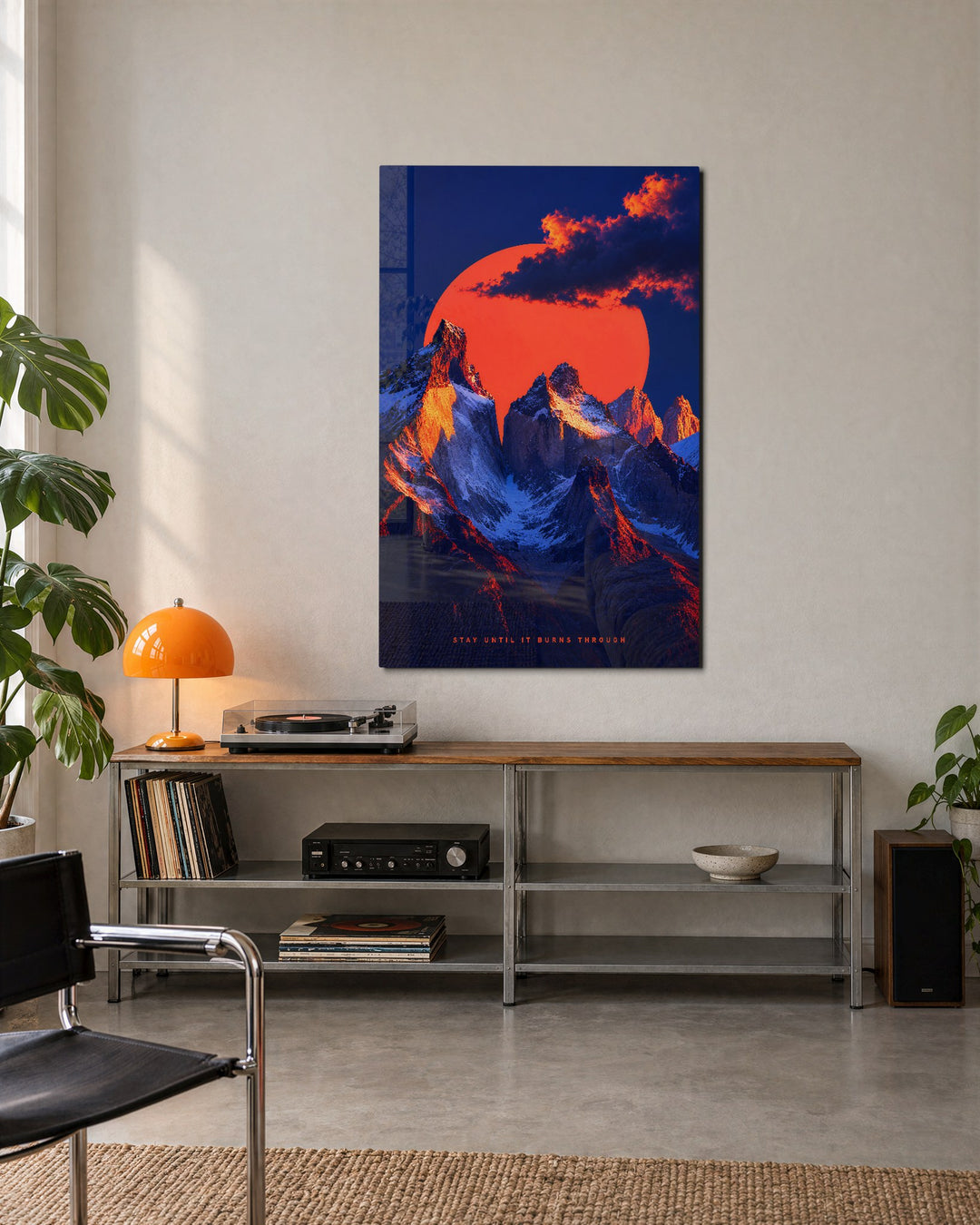 Snowy Teeth, Orange Giant glass wall art, lifestyle view