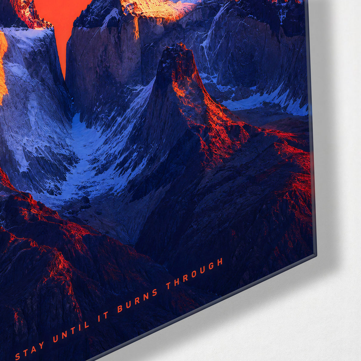 Snowy Teeth, Orange Giant glass wall art, corner view