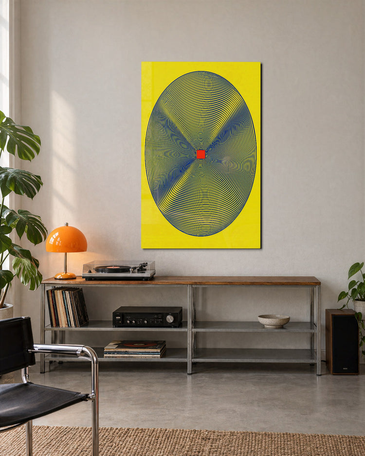 Blue Orbit, Tiny Crimson Box glass wall art, lifestyle view