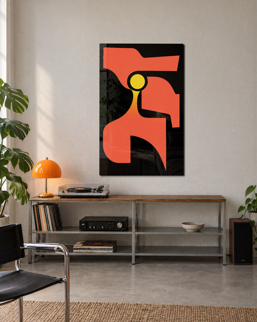 Ribbons Around a Sun Dot glass wall art, lifestyle view