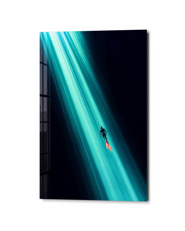 Suspended in Turquoise glass wall art, studio view