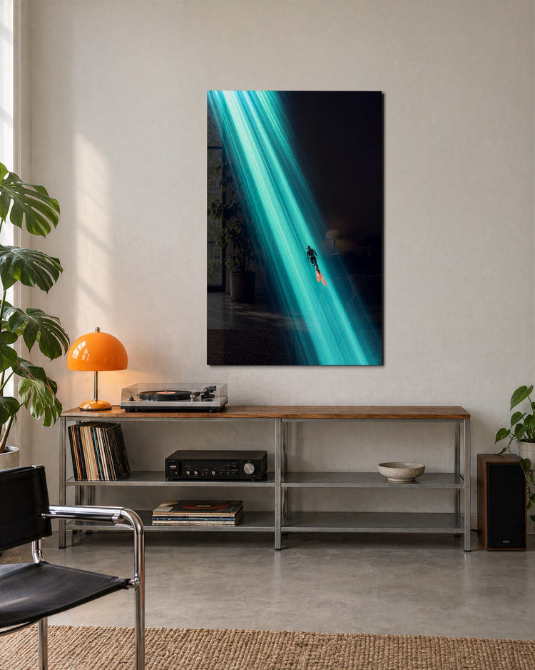 Suspended in Turquoise glass wall art, lifestyle view