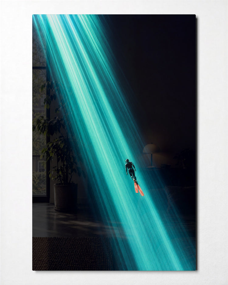 Suspended in Turquoise glass wall art, front view