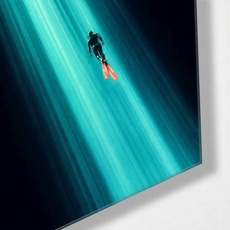 Suspended in Turquoise glass wall art, corner view