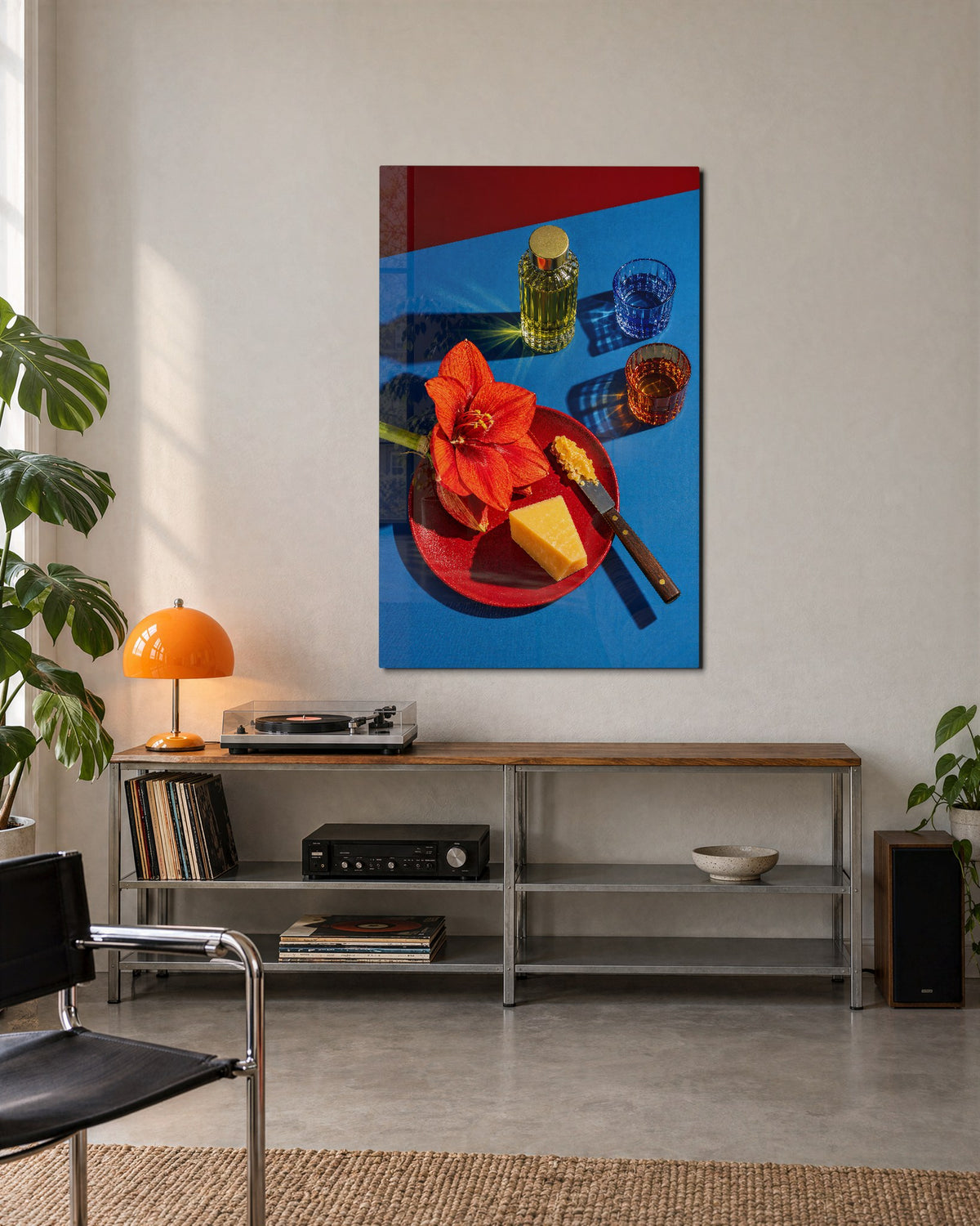 Flower on the Cheese Plate glass wall art, lifestyle view