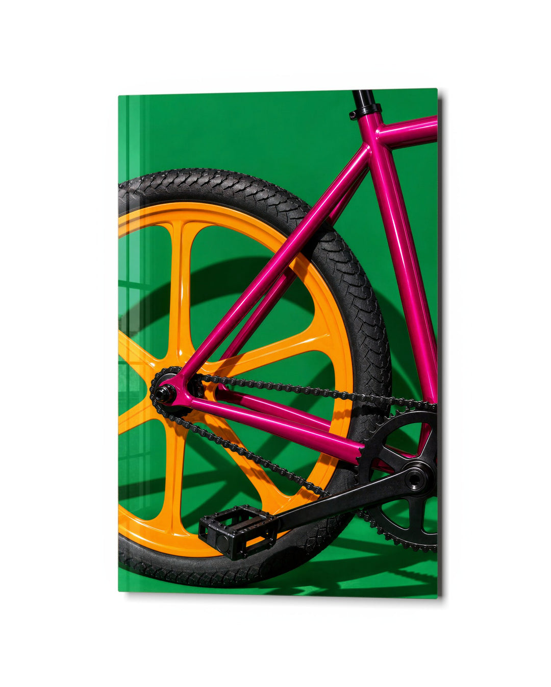 Pink Frame, Yellow Wheel glass wall art, studio view