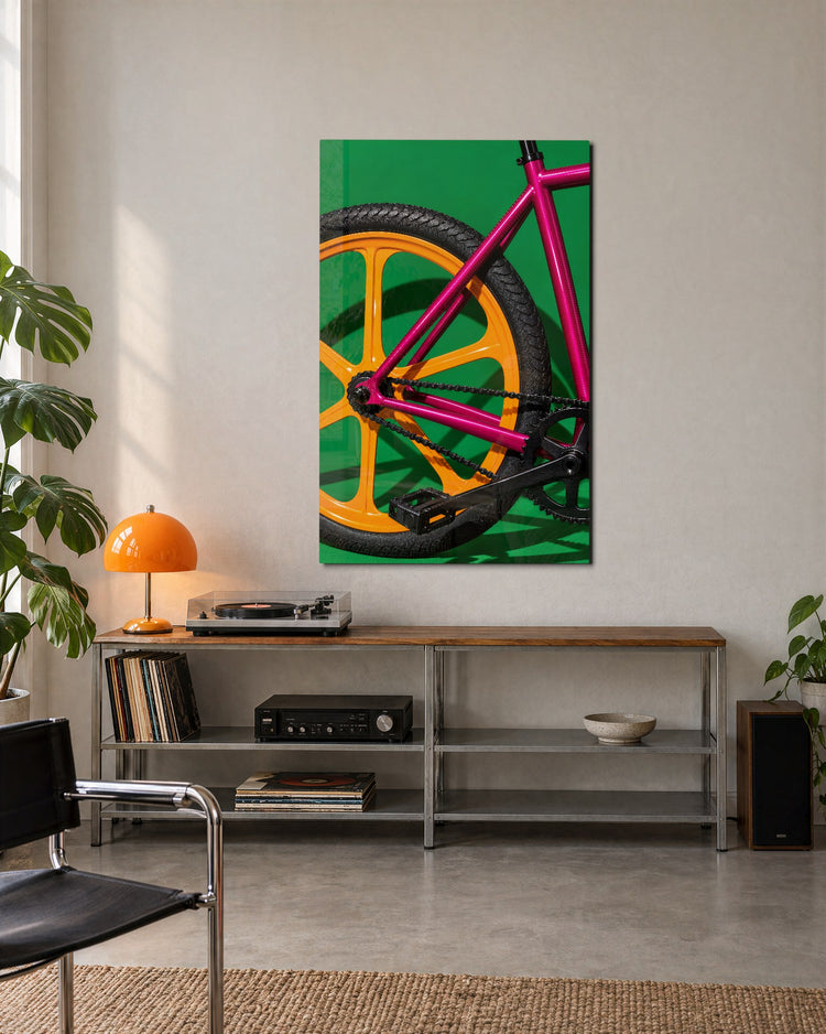 Pink Frame, Yellow Wheel glass wall art, lifestyle view