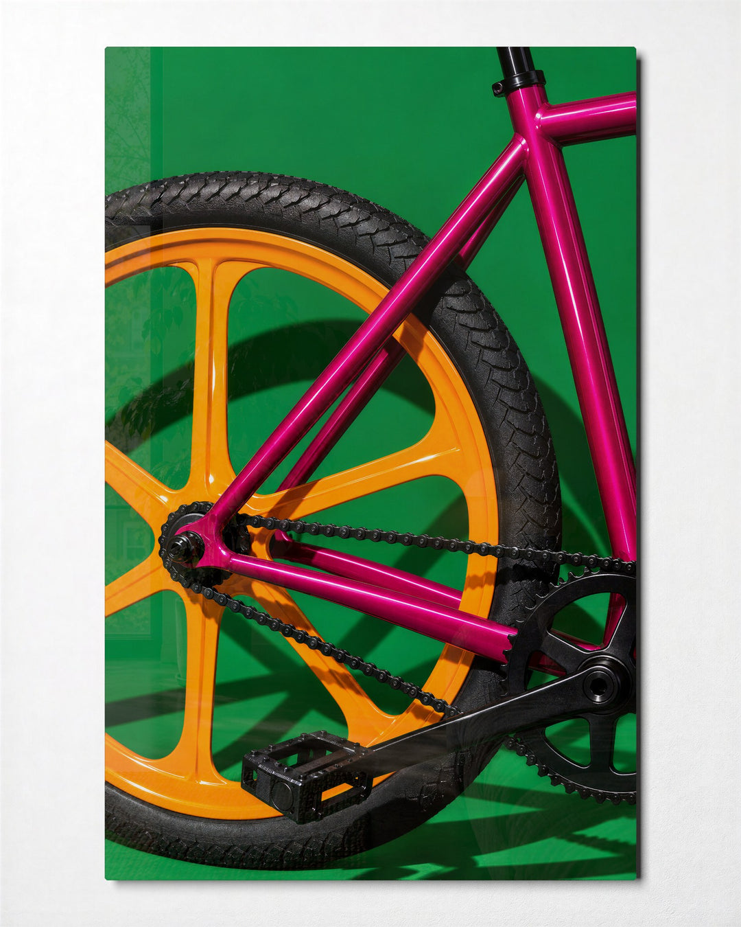 Pink Frame, Yellow Wheel glass wall art, front view