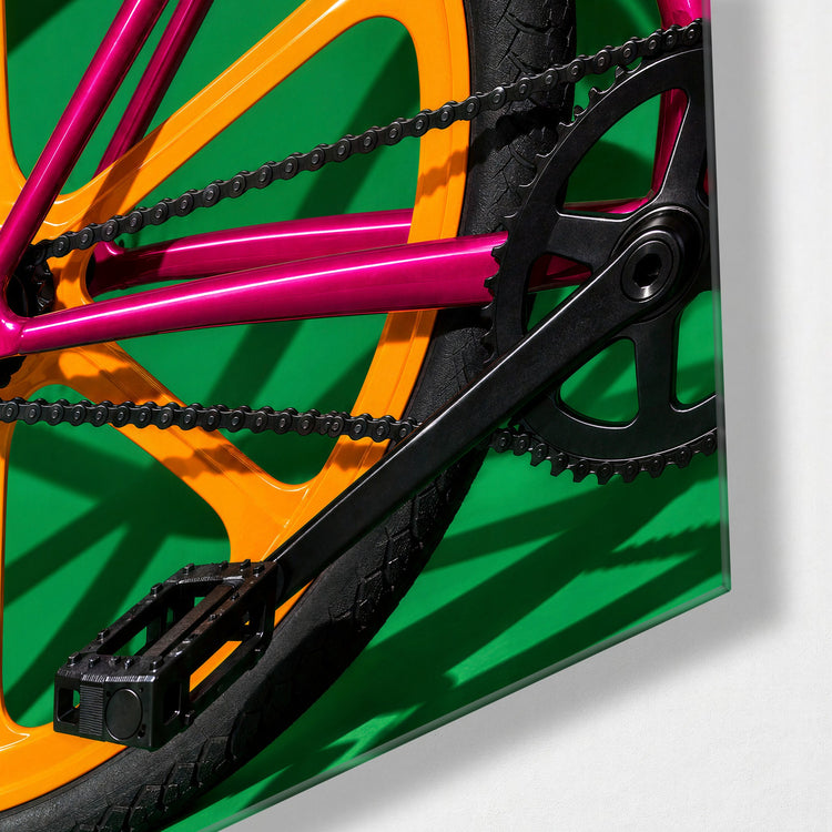 Pink Frame, Yellow Wheel glass wall art, corner view
