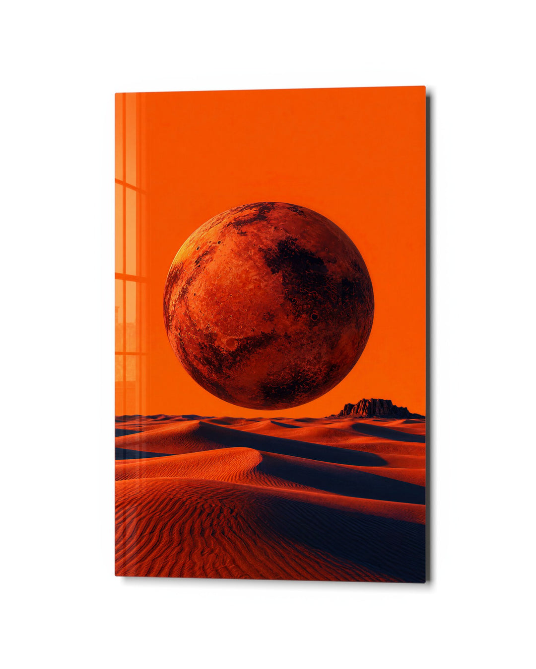 Rust Moon Above Sand glass wall art, studio view