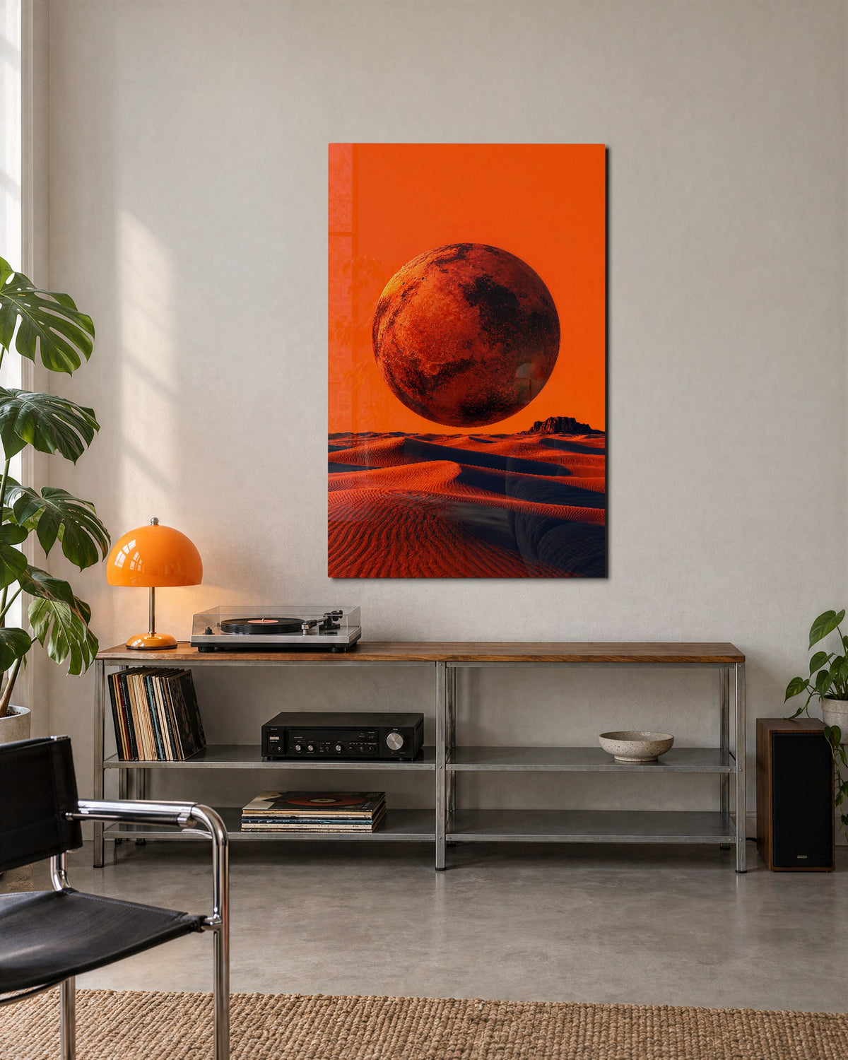 Rust Moon Above Sand glass wall art, lifestyle view