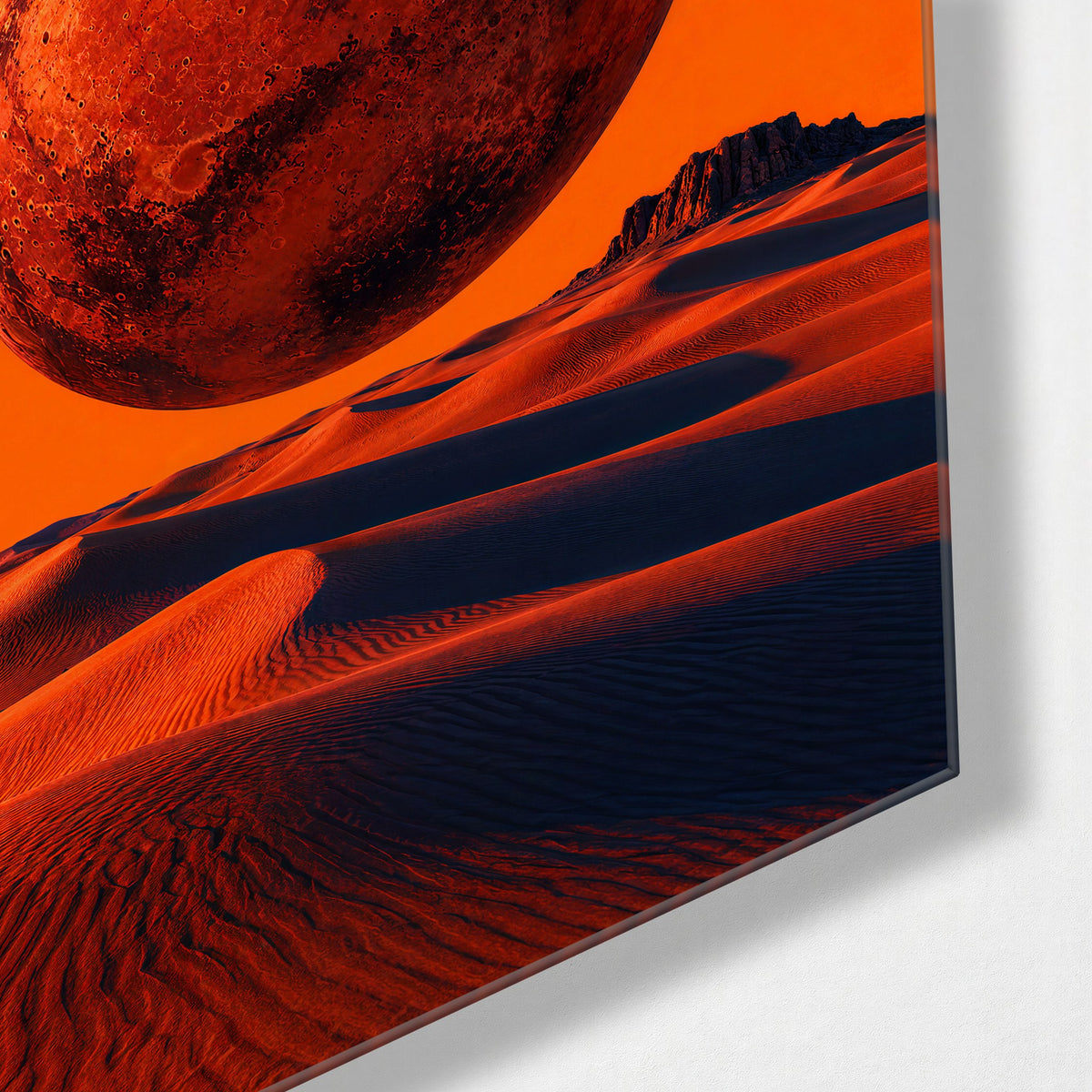 Rust Moon Above Sand glass wall art, corner view