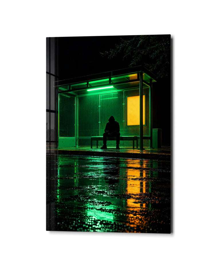 Shelter in Green Glow glass wall art, studio view