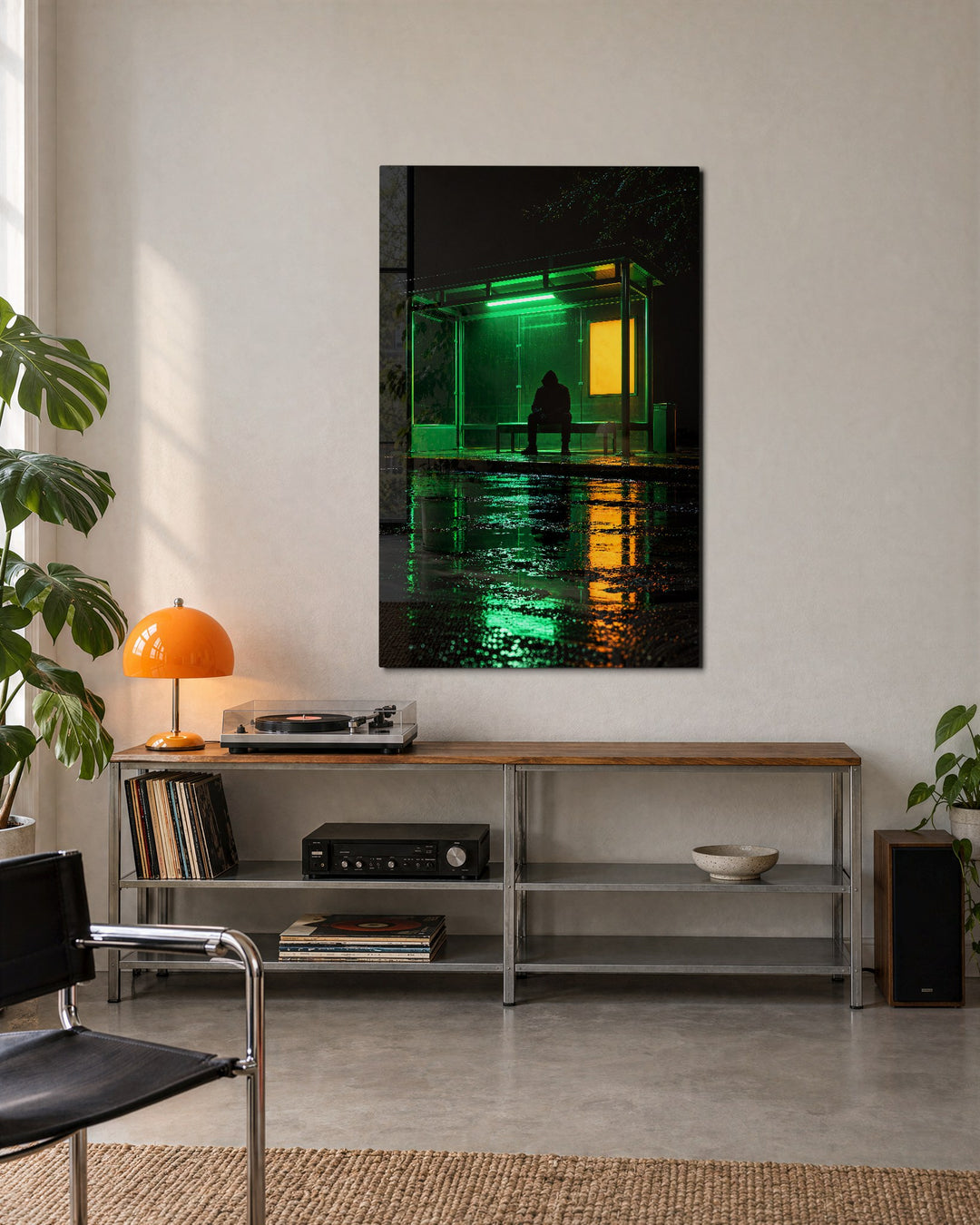 Shelter in Green Glow glass wall art, lifestyle view