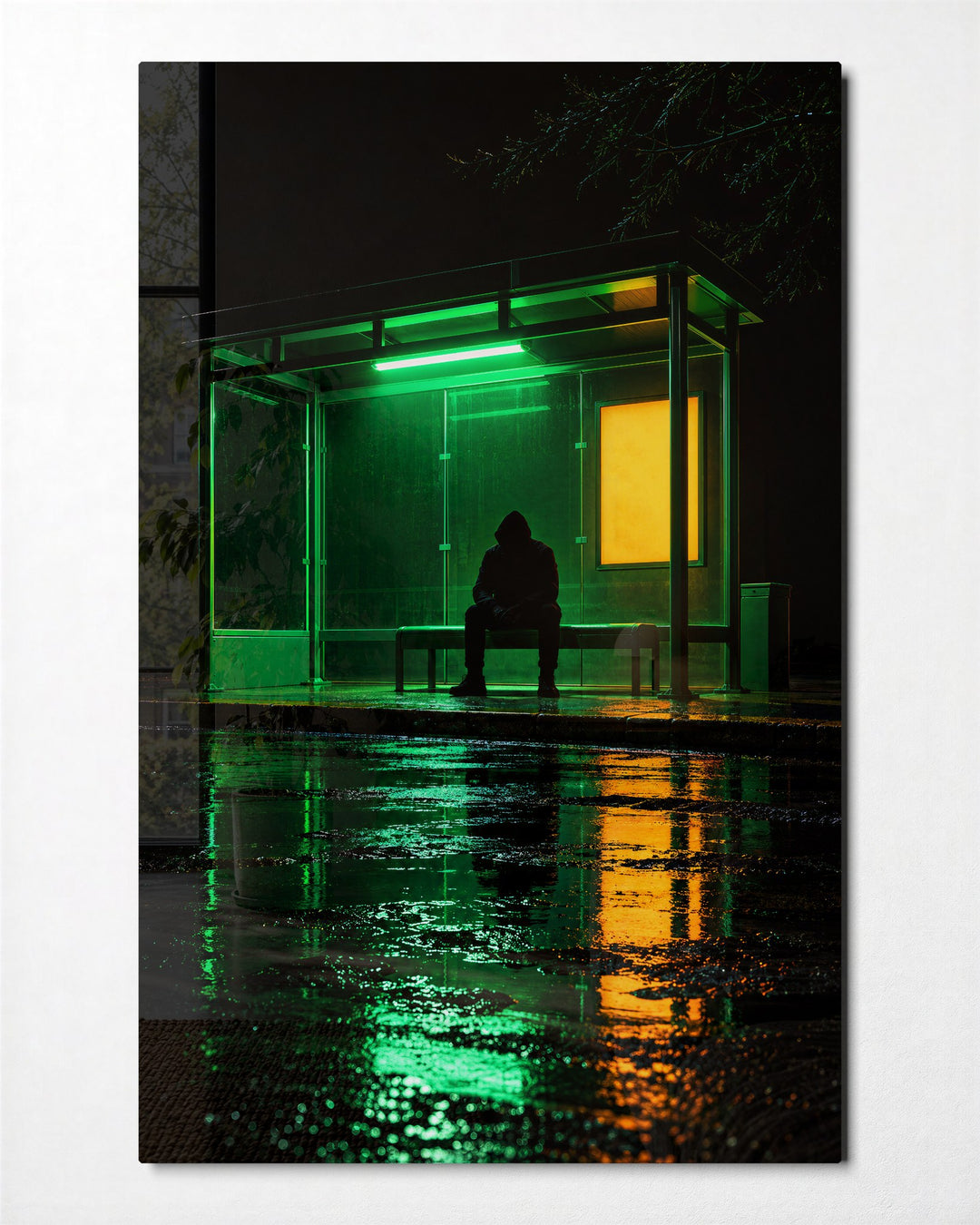 Shelter in Green Glow glass wall art, front view