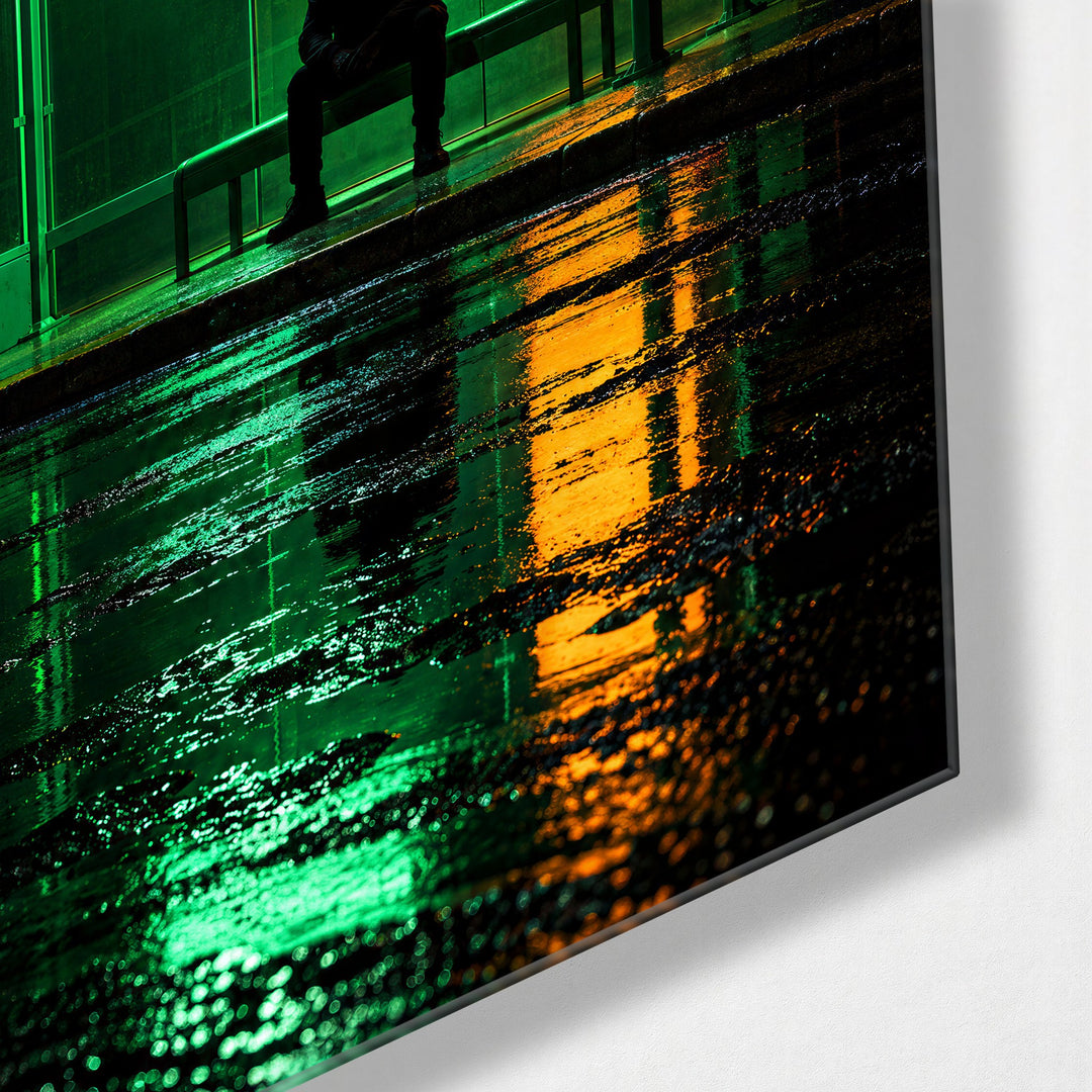 Shelter in Green Glow glass wall art, corner view