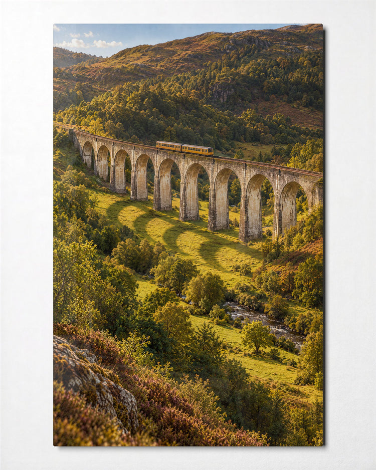 Arches and a Little Train glass wall art, front view