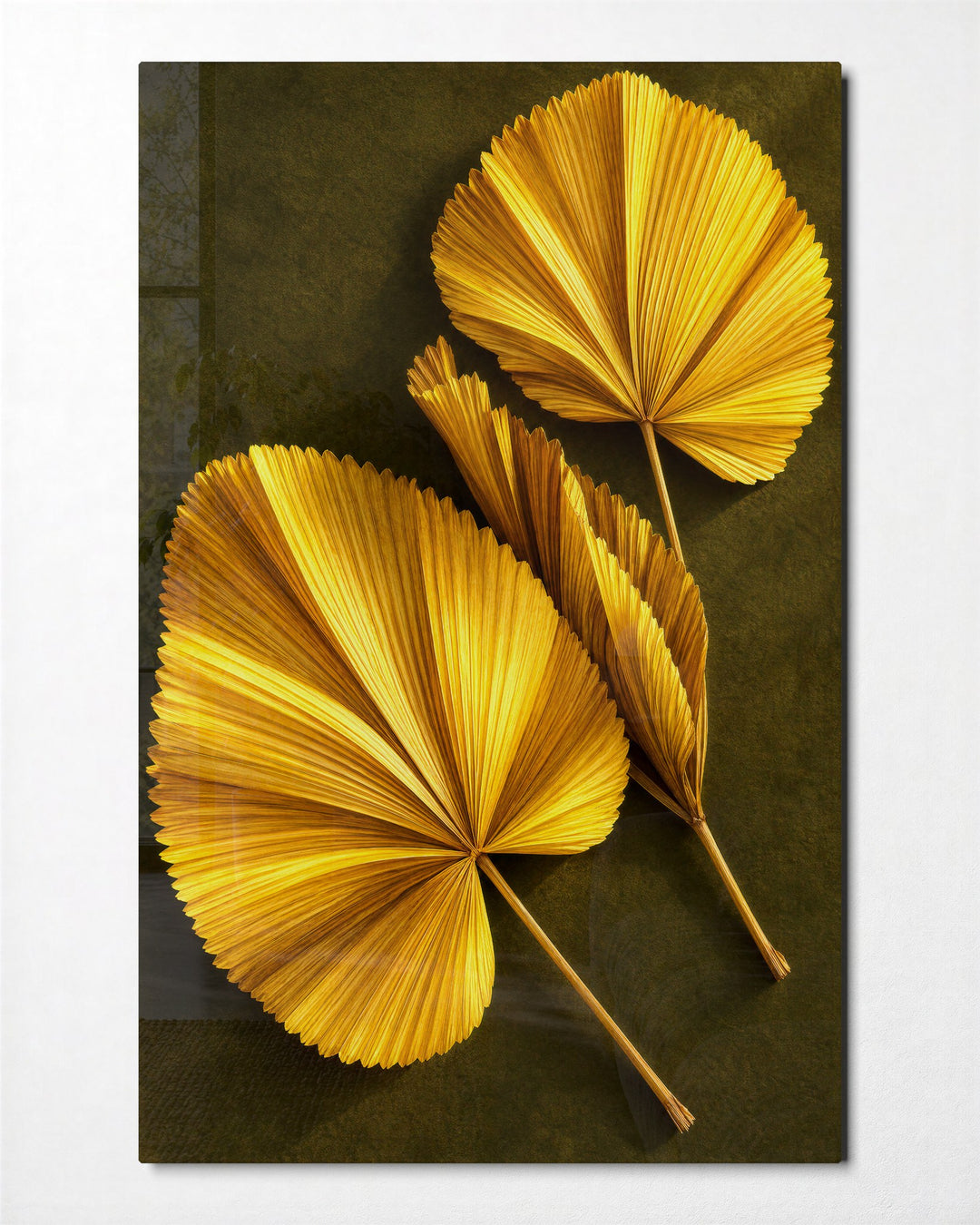Fans of Gold glass wall art, front view