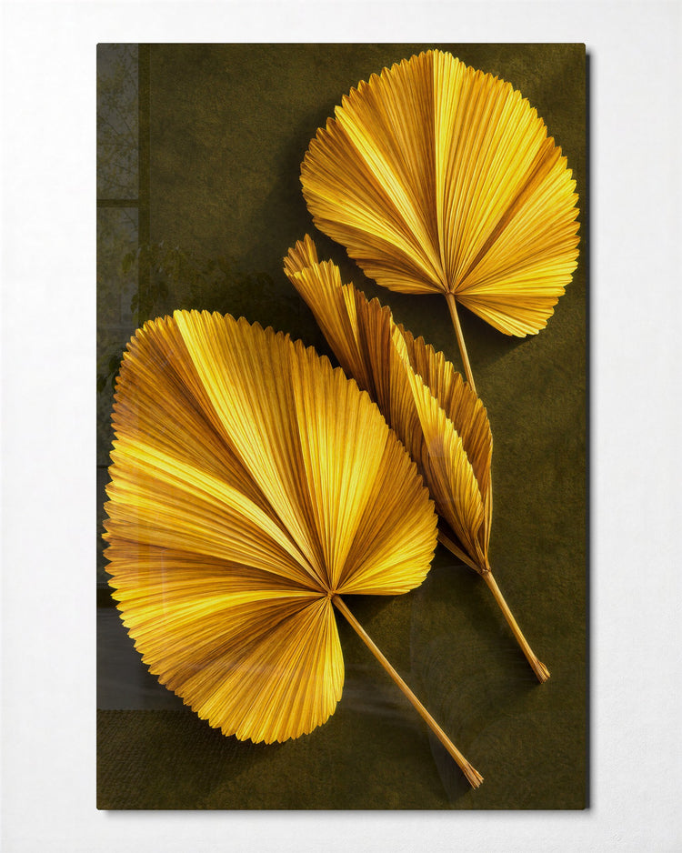 Fans of Gold glass wall art, front view