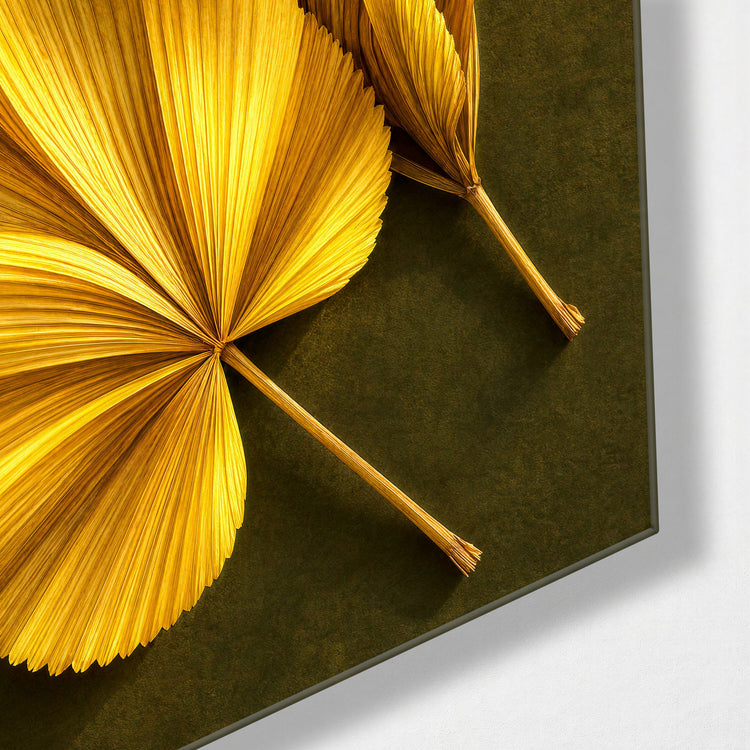 Fans of Gold glass wall art, corner view