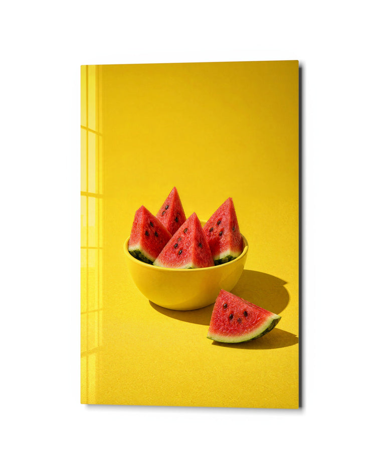 Wedges in a Sunny Bowl glass wall art, studio view