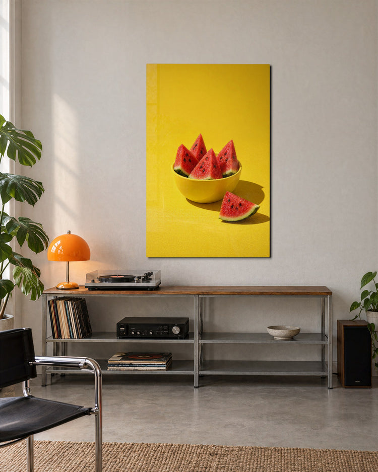 Wedges in a Sunny Bowl glass wall art, lifestyle view
