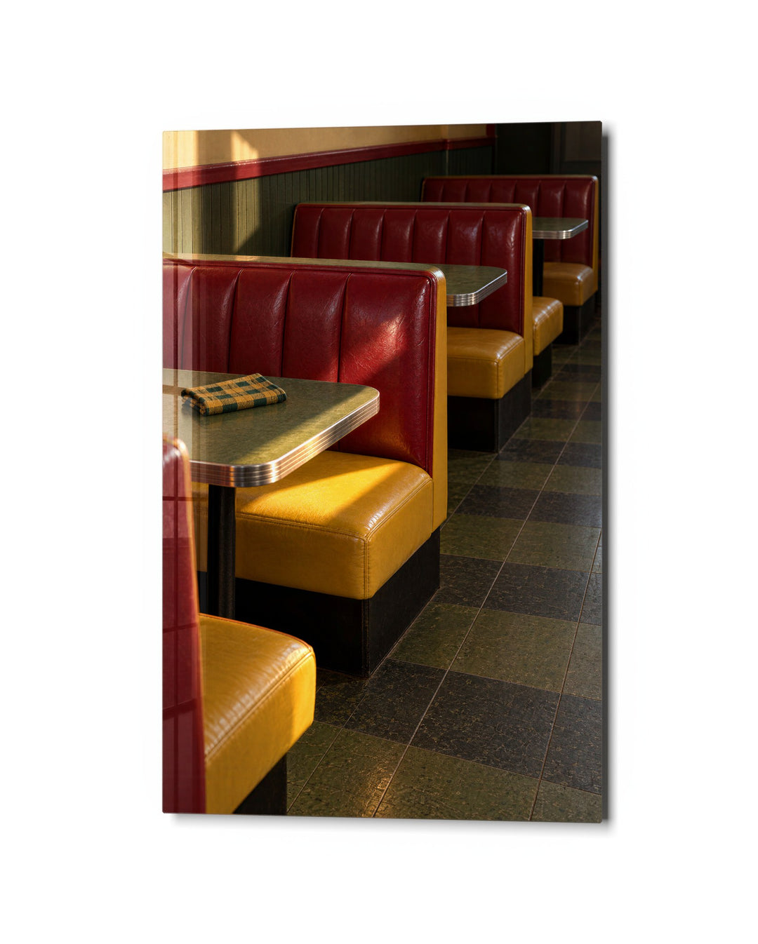 Booths in Afternoon Glow glass wall art, studio view