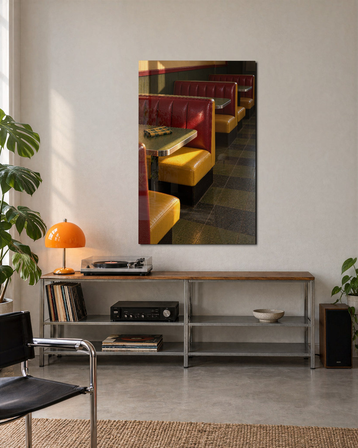 Booths in Afternoon Glow glass wall art, lifestyle view