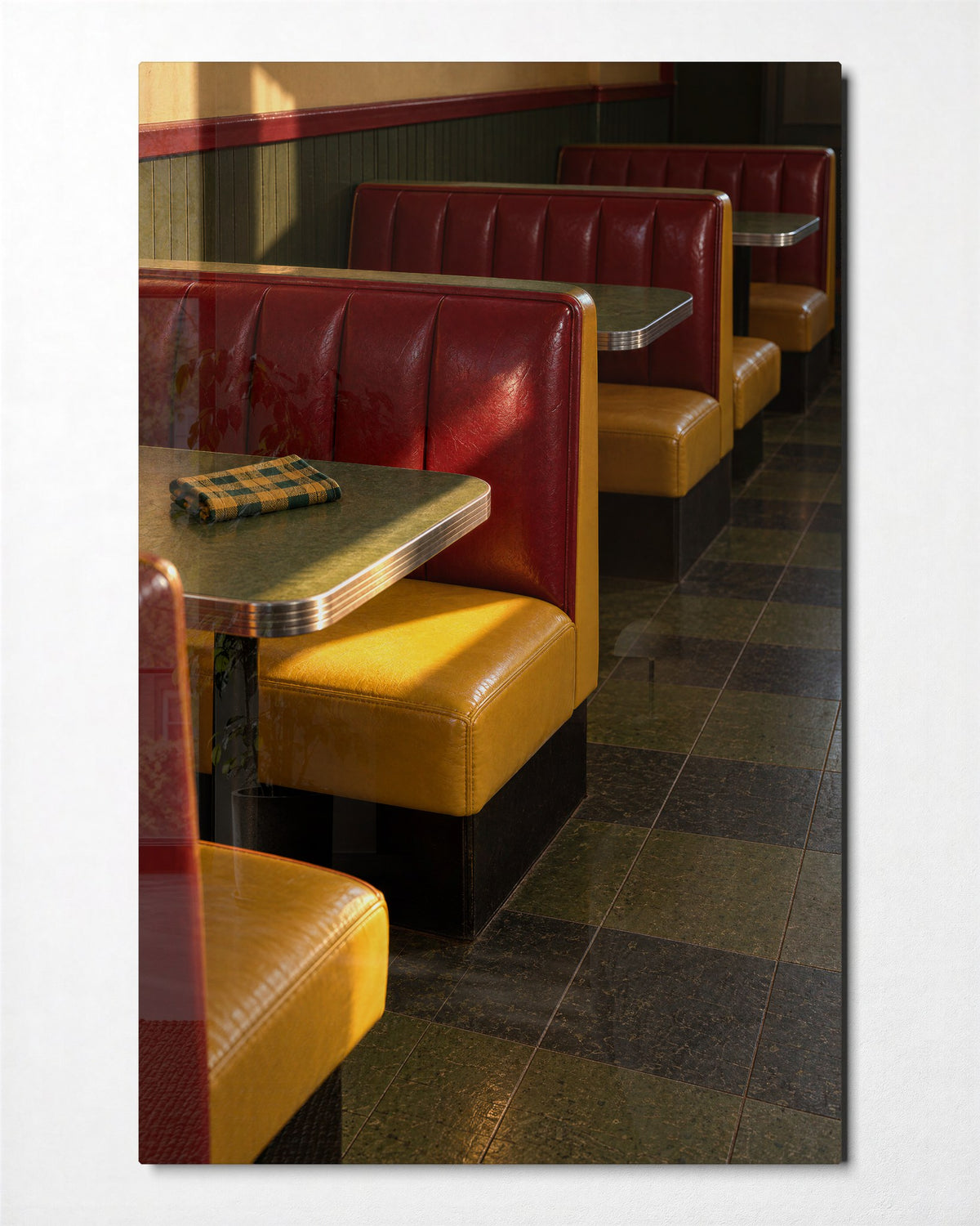 Booths in Afternoon Glow glass wall art, front view