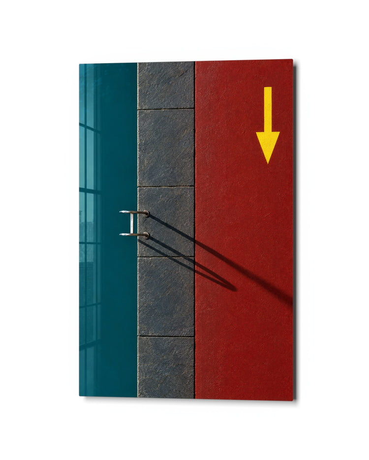 Ladder Shadow, Yellow Arrow glass wall art, studio view