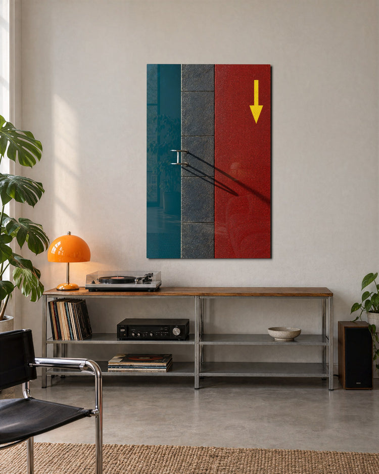 Ladder Shadow, Yellow Arrow glass wall art, lifestyle view