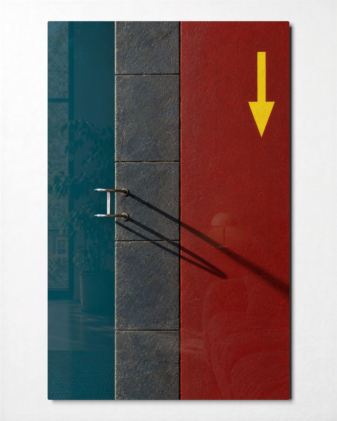 Ladder Shadow, Yellow Arrow glass wall art, front view