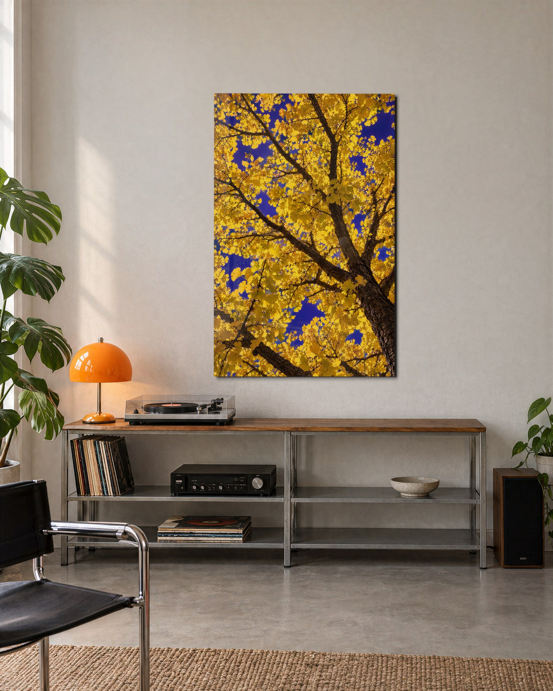Gold Canopy, Blue Sky glass wall art, lifestyle view