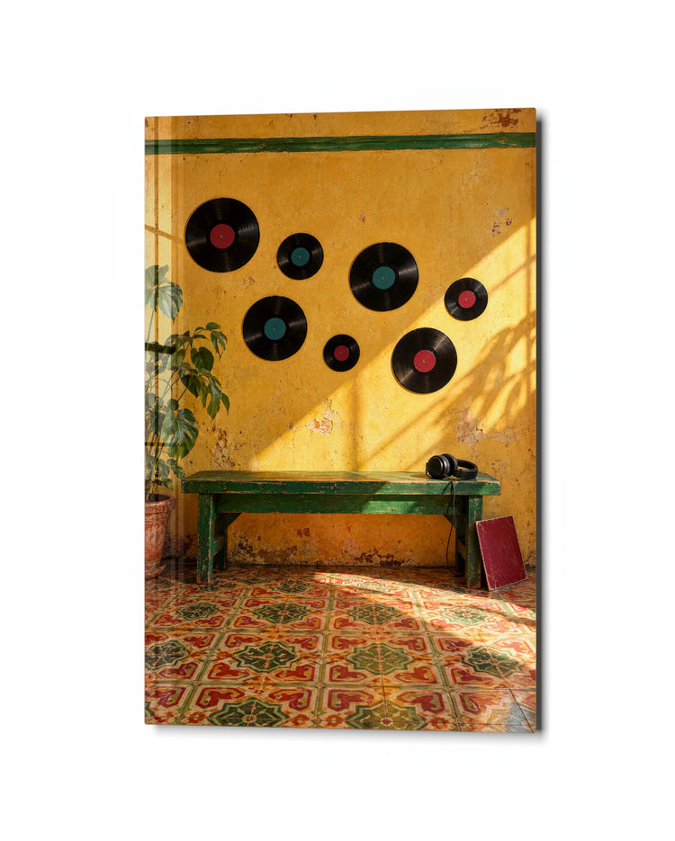 Vinyl on Yellow glass wall art, studio view