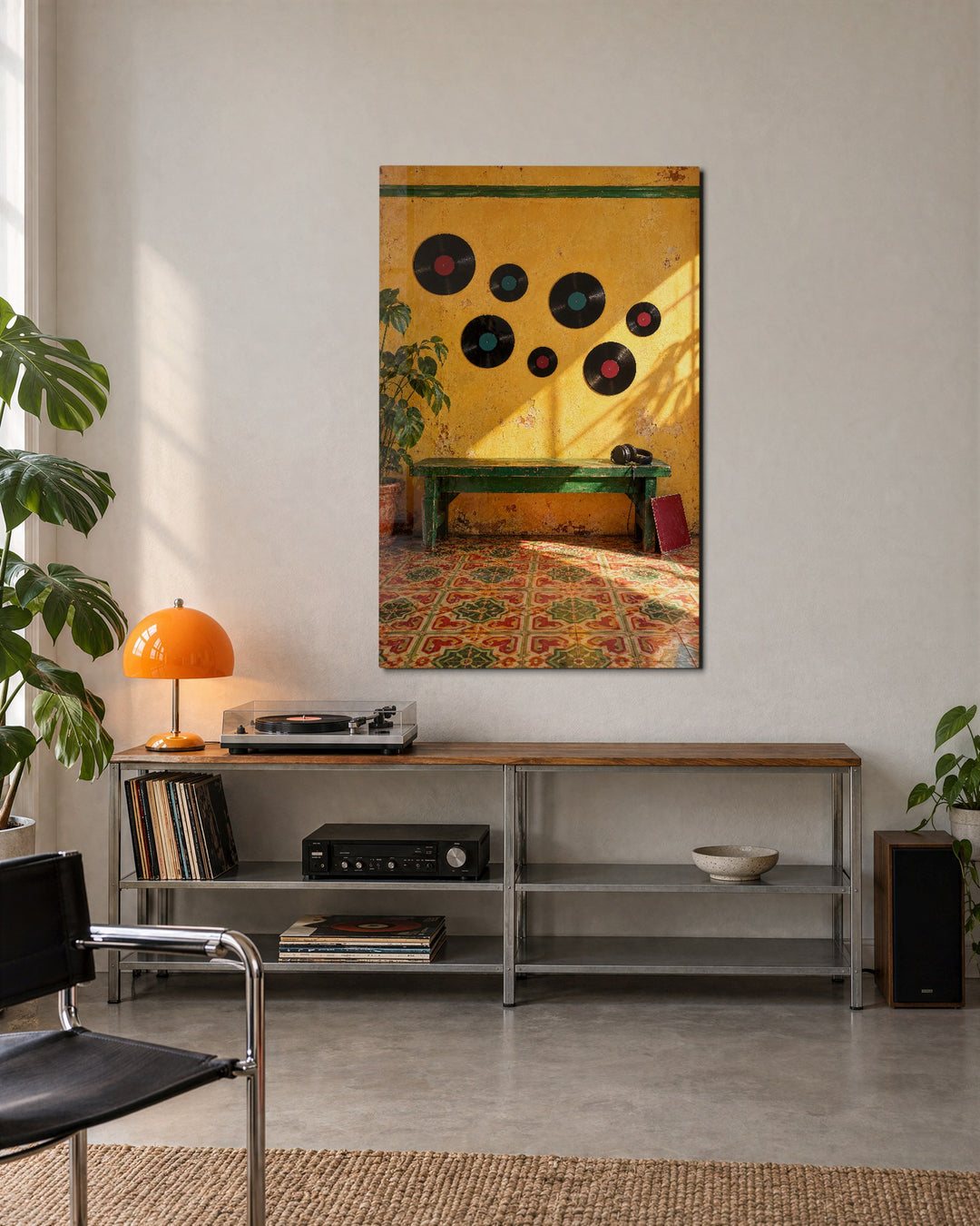 Vinyl on Yellow glass wall art, lifestyle view