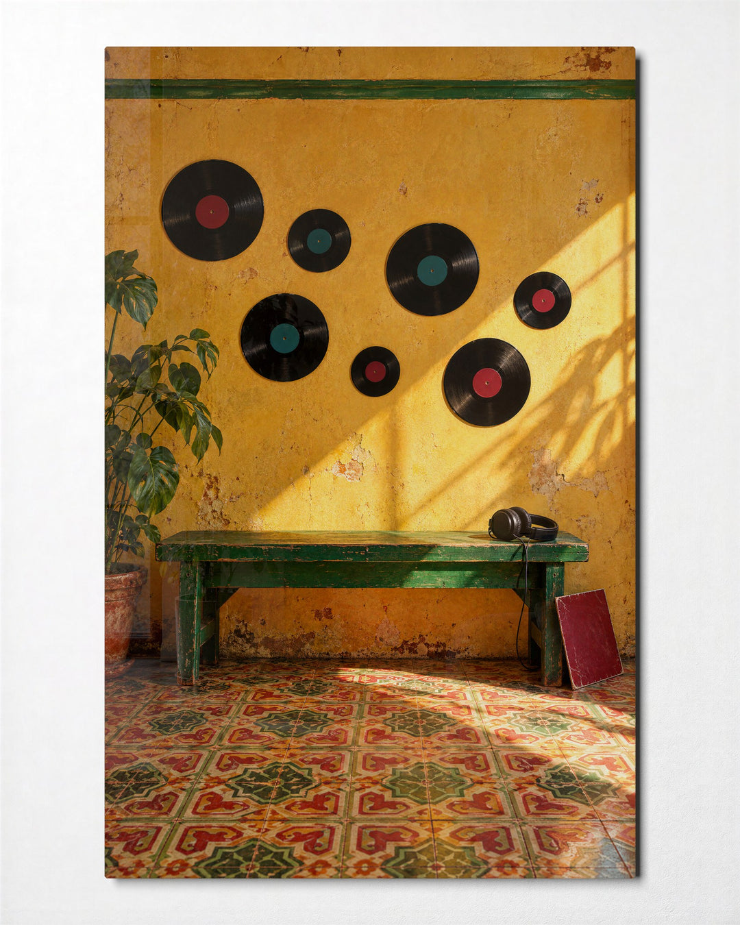 Vinyl on Yellow glass wall art, front view