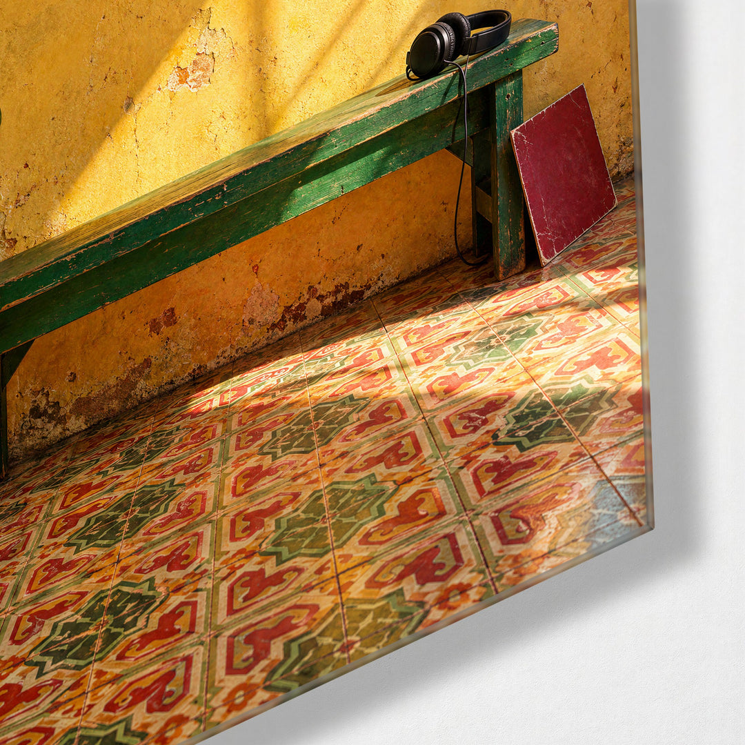 Vinyl on Yellow glass wall art, corner view