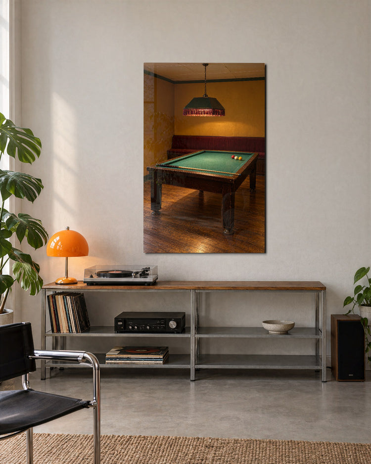Green Baize Night glass wall art, lifestyle view
