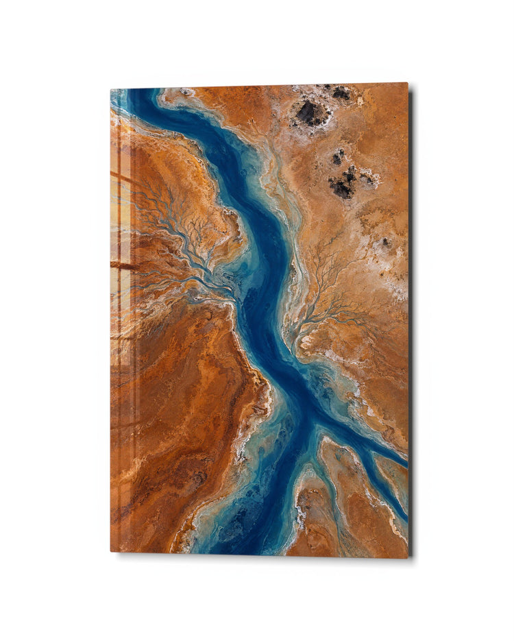 River Across Ochre glass wall art, studio view