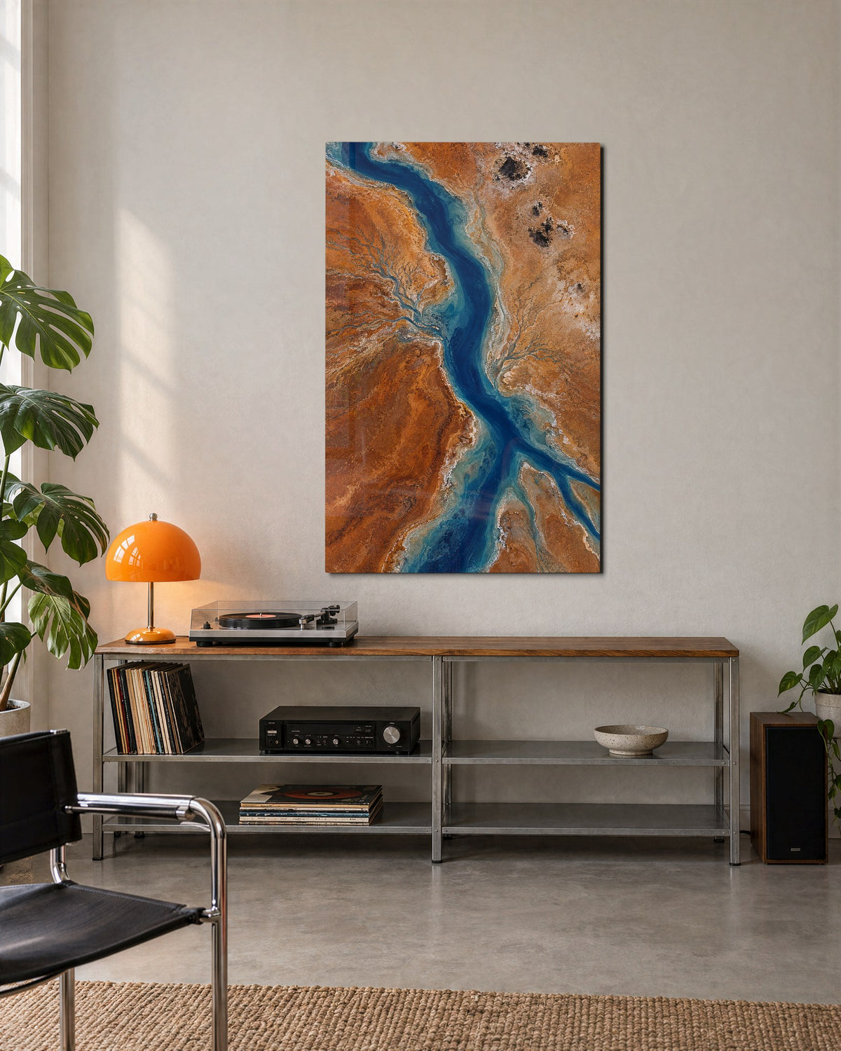 River Across Ochre glass wall art, lifestyle view
