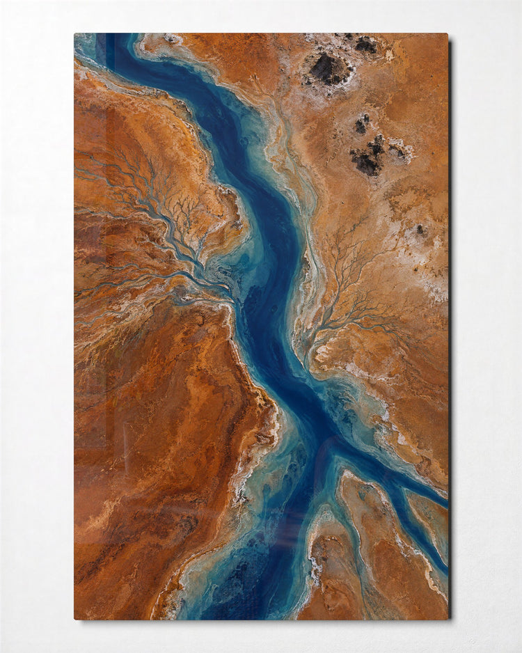 River Across Ochre glass wall art, front view