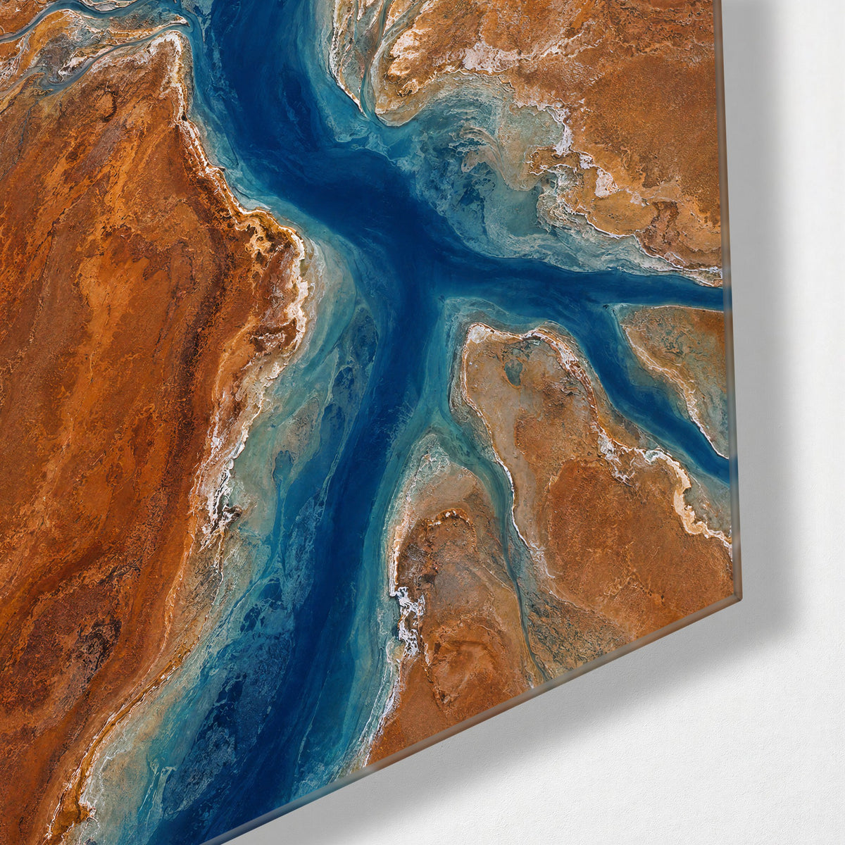 River Across Ochre glass wall art, corner view