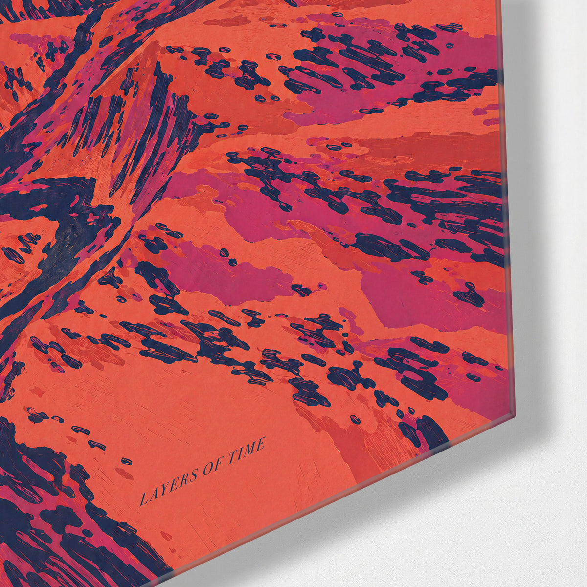 Canyon Walls, Pink and Green glass wall art, corner view