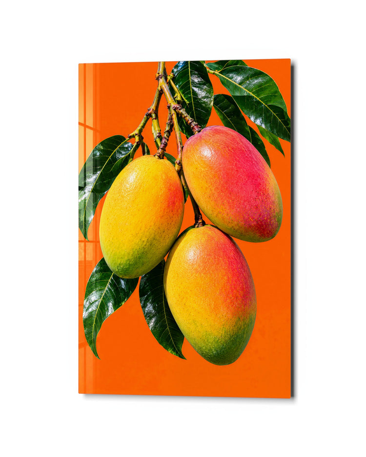 Mangoes on Orange glass wall art, studio view
