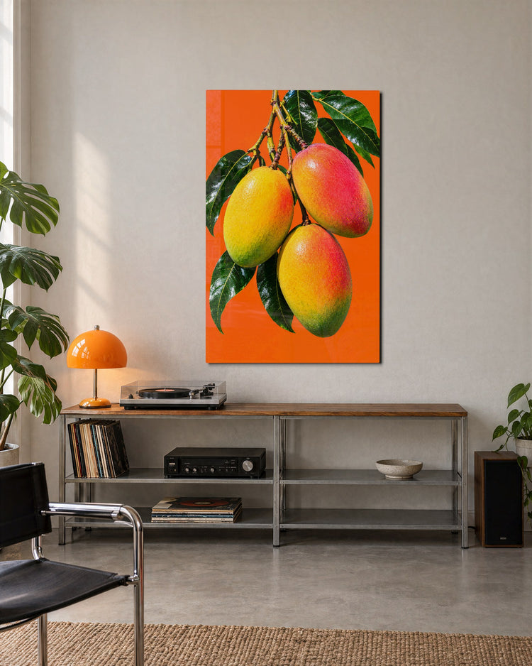 Mangoes on Orange glass wall art, lifestyle view